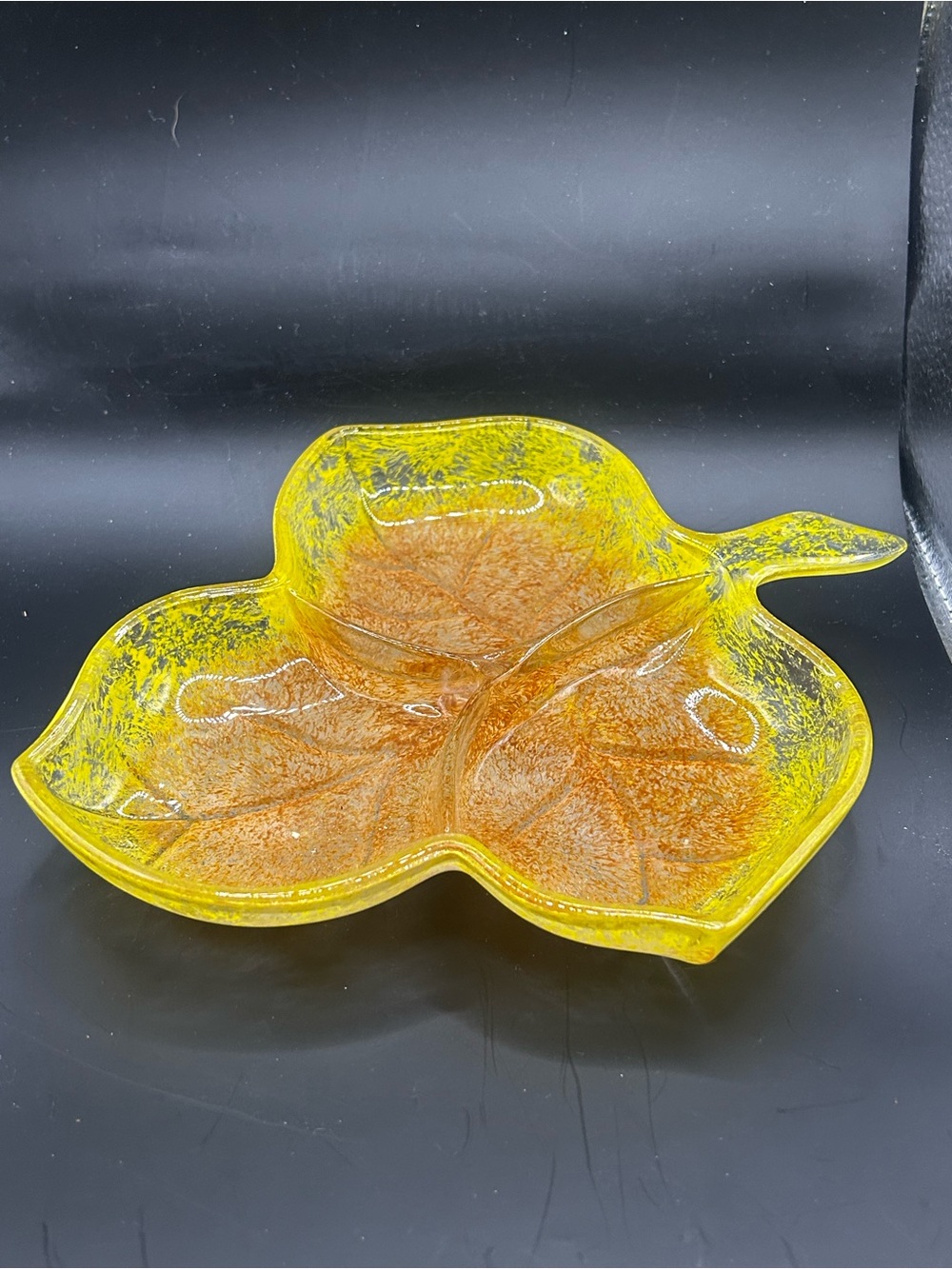 Vintage Leaf-Shaped Glass Serving Dish in Yellow and Amber
